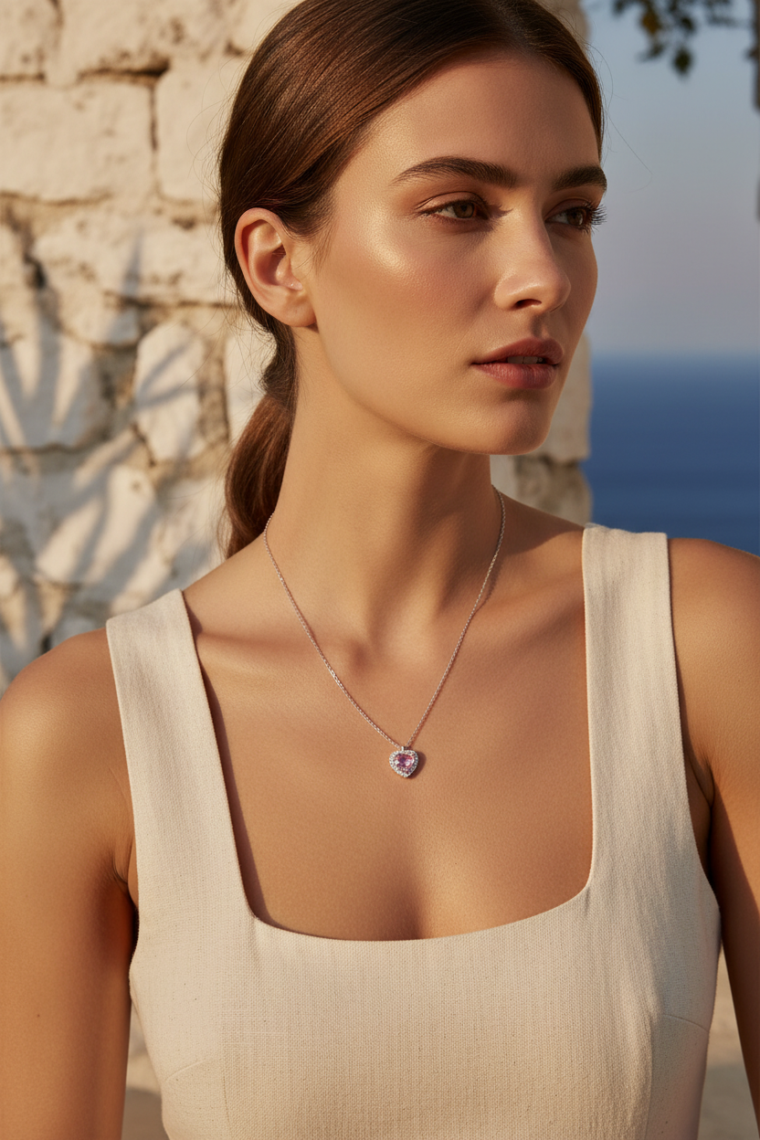 Gümüş Bayan Pembe Kalp Kolye