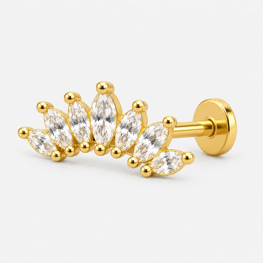 CHOICE Coronella yedi yaprak taç 925 ayar gümüş, 14 ayar altın kaplama tragus piercing düz disk arkasını gösteren yan görünümü