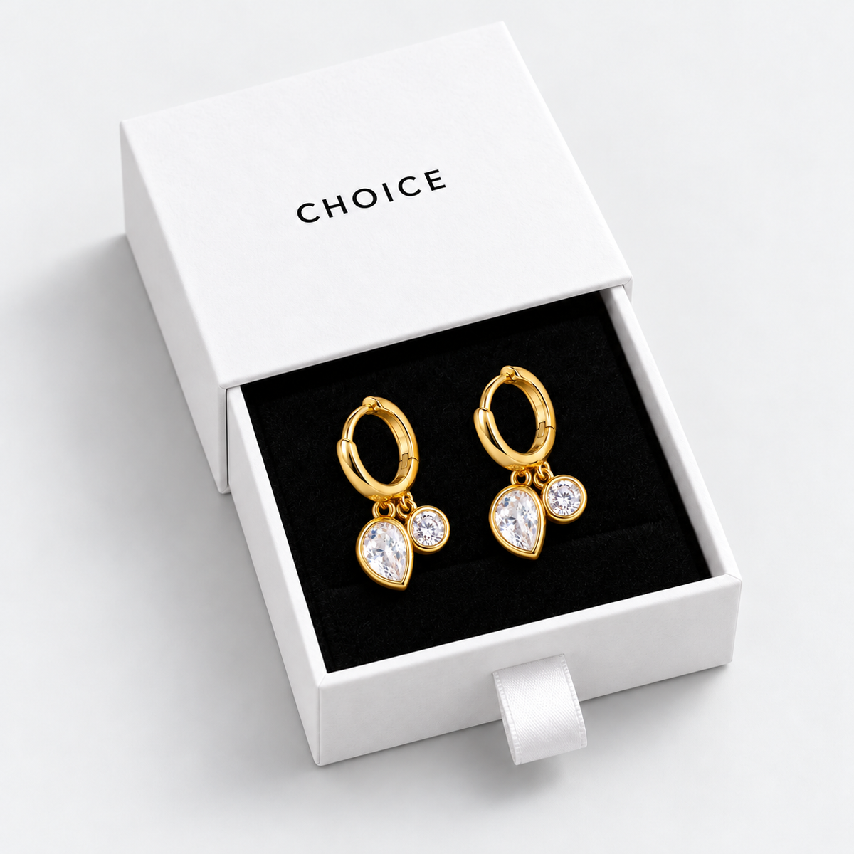 Duvella 925 Ayar Gümüş Damla ve Yuvarlak Zirkon Halka Küpe – Gold — beyaz CHOICE çekmeceli hediye kutusunda