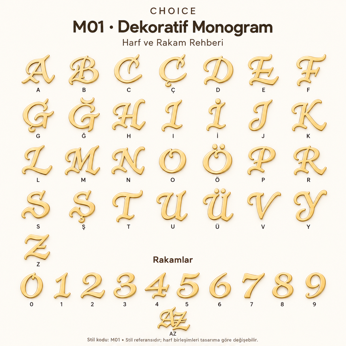 CHOICE M01 Dekoratif Monogram stil referansı: Türkçe 29 harf ve 0–9 rakamları, kişiye özel kolye karakter rehberi