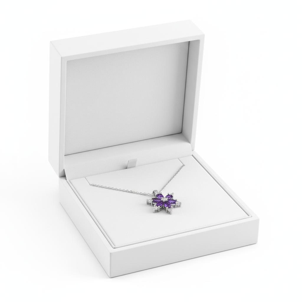 Ametist Taşlı Gümüş Lotus Çiçeği Kolye