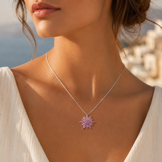 Lotelle | 925 Ayar Gümüş Pembe Taşlı Lotus Çiçeği Kolye