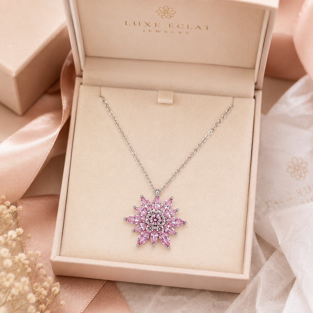 Lotelle | 925 Ayar Gümüş Pembe Taşlı Lotus Çiçeği Kolye