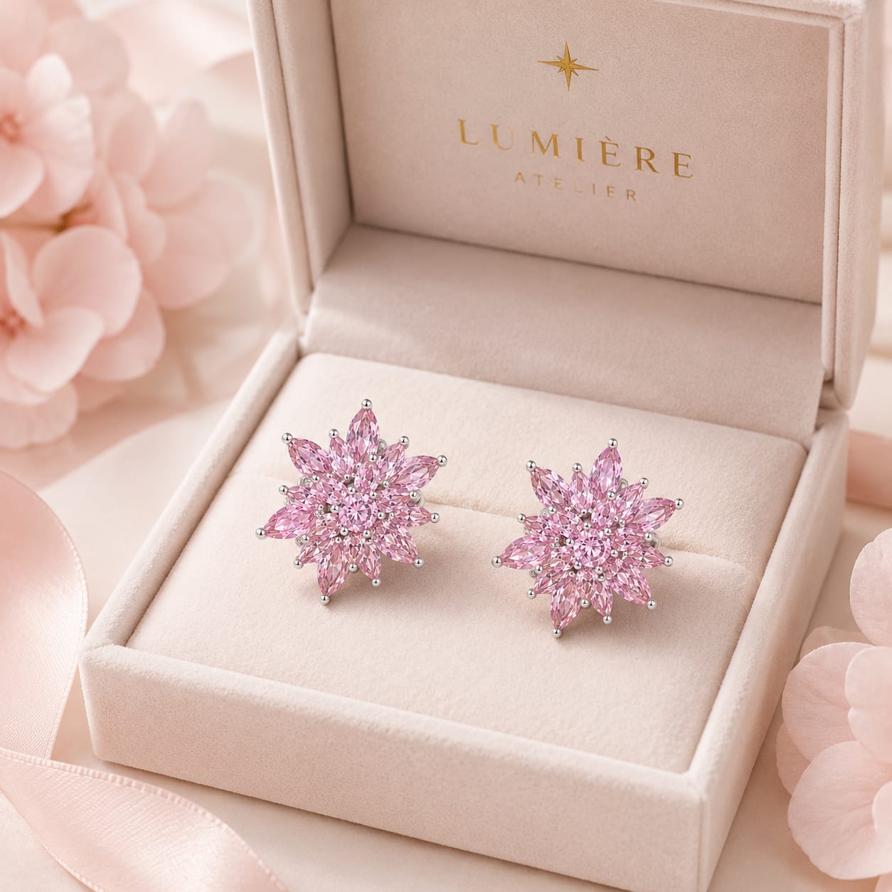 Lotelle | 925 Ayar Gümüş Pembe Taşlı Lotus Küpe