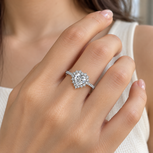 Lunelle kalp kesim halo moissanite yüzük kadın modelin elinde