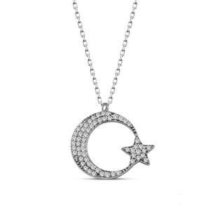 Gümüş Zirkon Taşlı Ay Yıldız Kolye