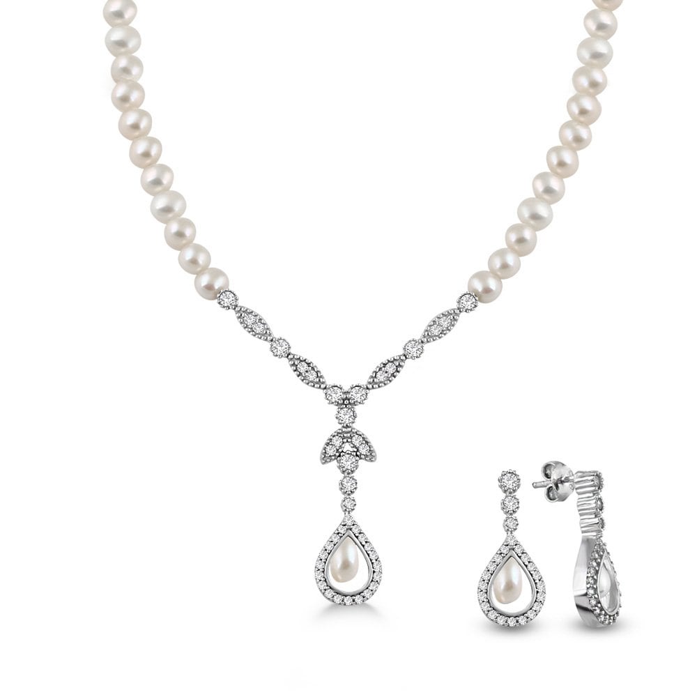 Doğal İnci Gerdanlık Set Gümüş Tasarım Küpeli