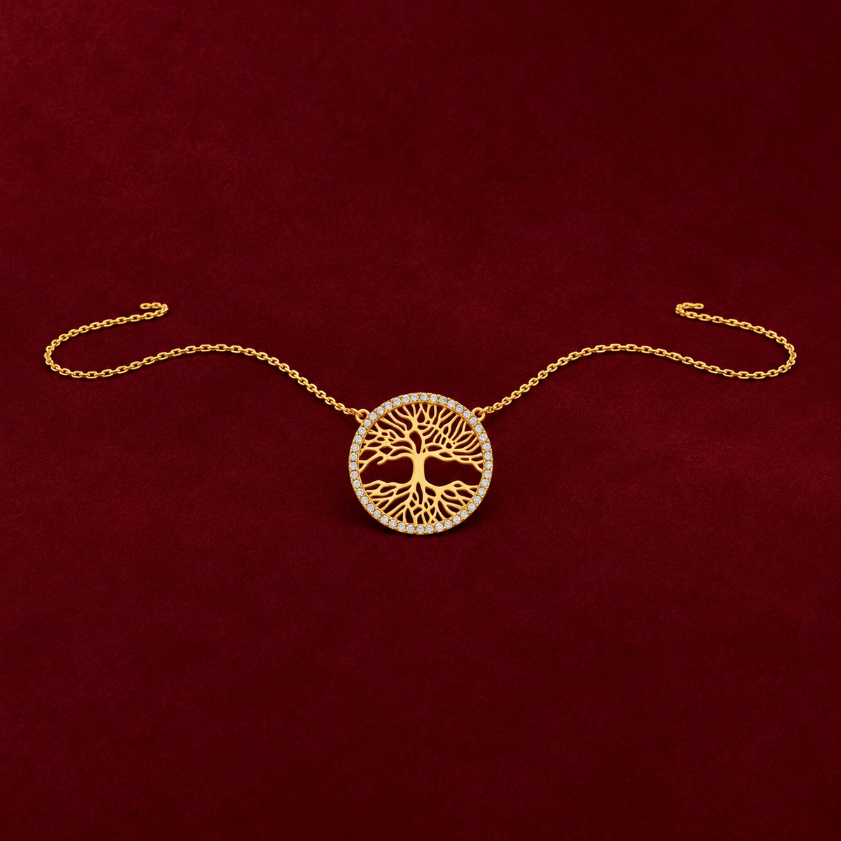 Bordo zeminde Arbelle Hayat Ağacı Gümüş Kolye Gold