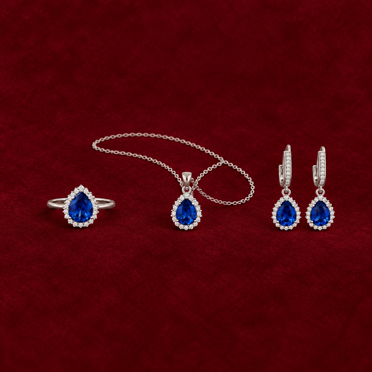 Bordo zeminde Choice Gümüş Safir Damla Set