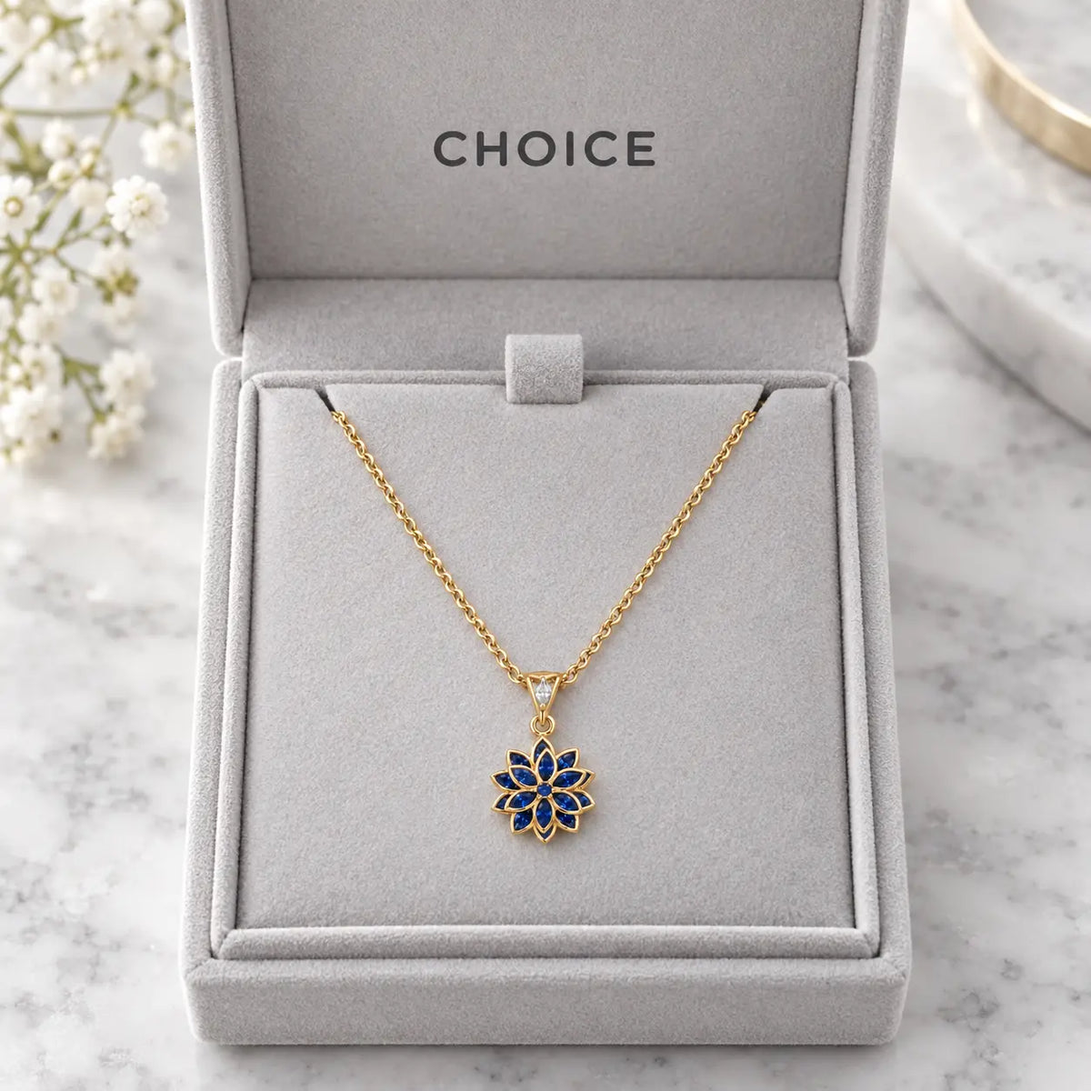 Âme de Lotus safir mavi taşlı 14K gold kaplama gümüş kolye CHOICE hediye kutusunda