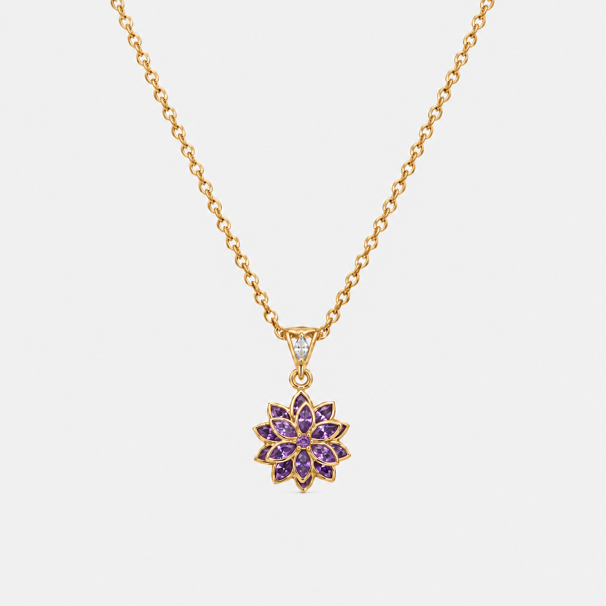 Âme de Lotus ametist moru taşlı 14K gold kaplama minimal lotus kolye