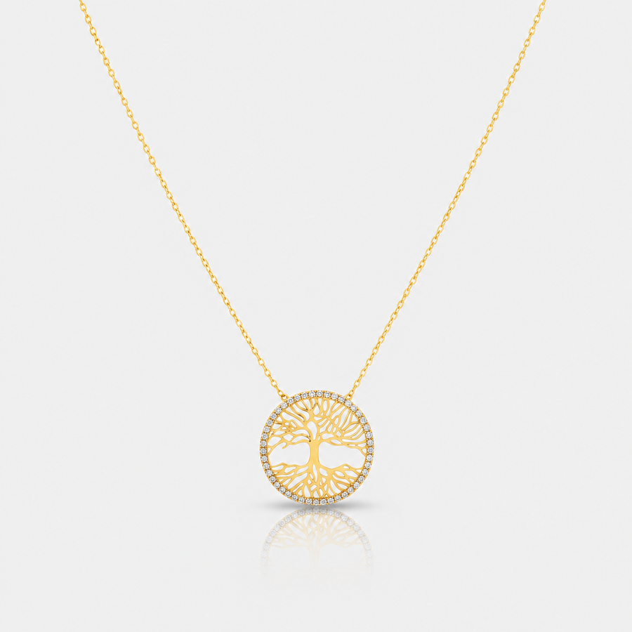 Arbelle hayat ağacı gümüş kolye gold çok açık light gray zeminde