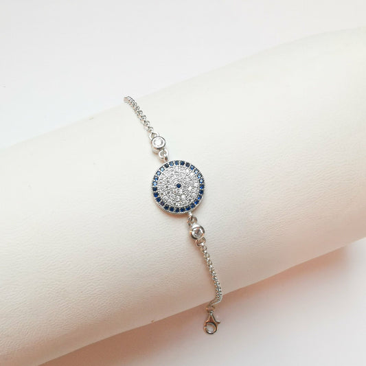 Bayan Gümüş Nazar Bileklik Rodyum Tek Taş Detaylı