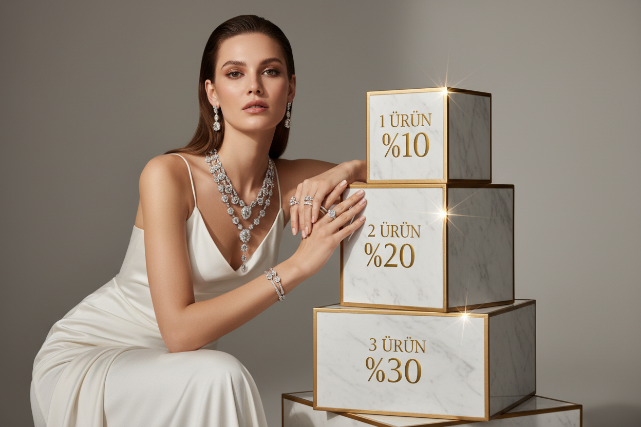 bir kampanyamız var 1 ürün %10, 2 ürün %20, 3 ürün %30 indişrim şeklinde.bunlar kutucuklar şeklinde bannerda ve model üzerinde ışıltılı takılarla bu indirimlere yaslanmış bakıyor.