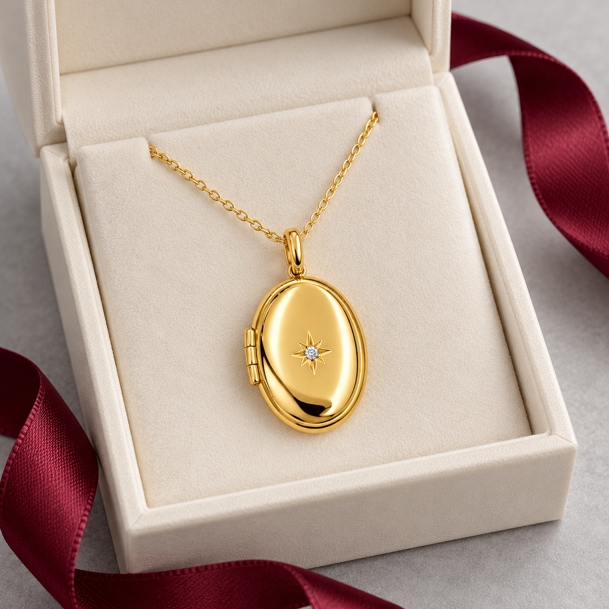 Amora gold oval kolye, fildişi kutuda hediye sunumu