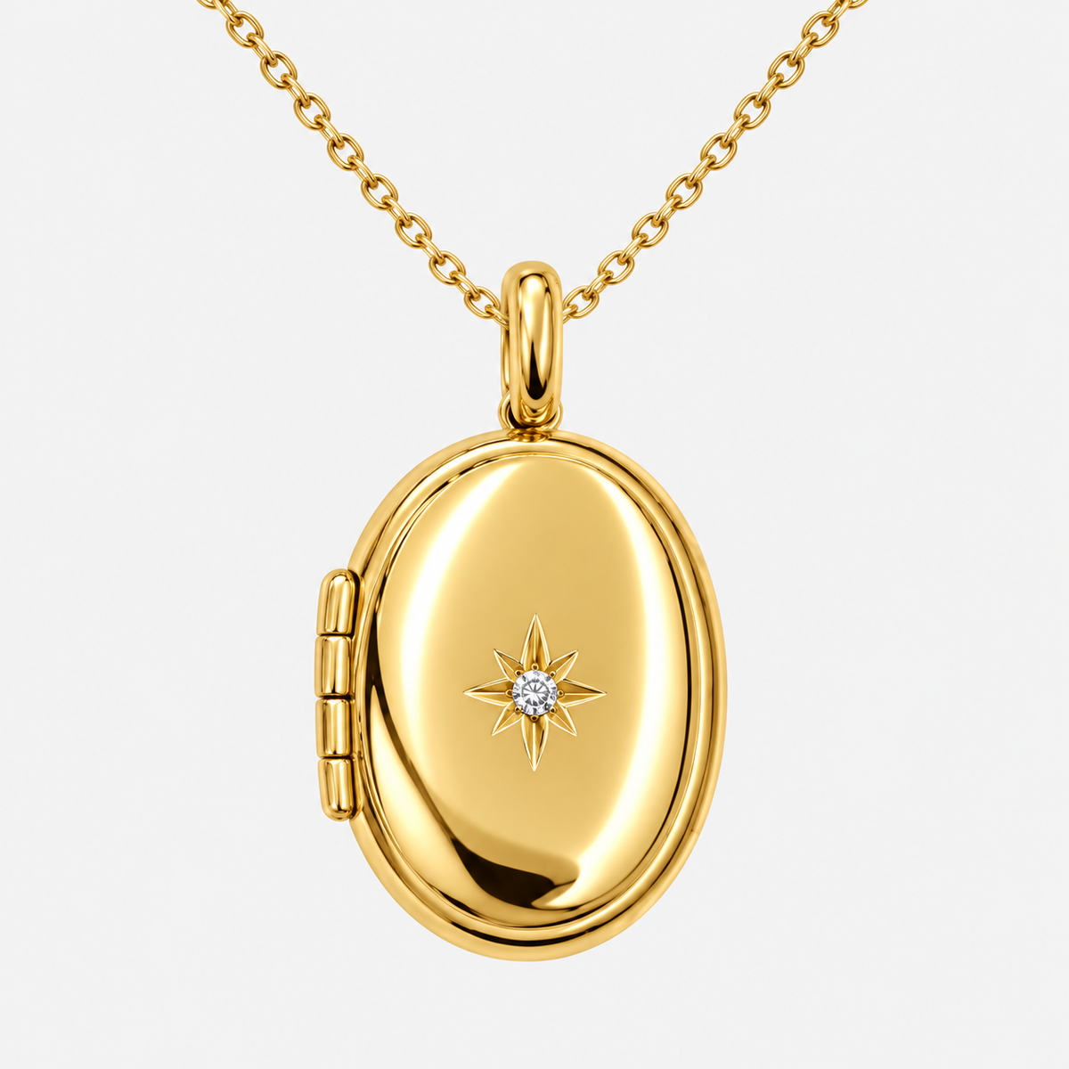 Amora oval fotoğraf konulabilen kolye, gold renk ve forse zincir