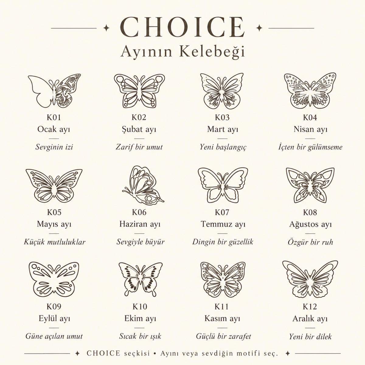 CHOICE aylara göre kelebek seçim rehberi; Ocak ayından Aralık ayına 12 farklı motif