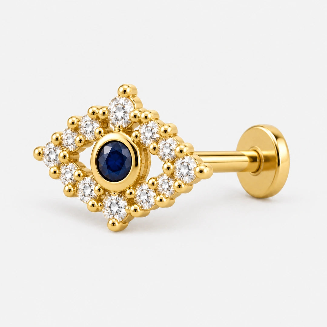CHOICE Azzella lacivert nazar 925 ayar gümüş, 14 ayar altın kaplama tragus piercing düz disk arkasını gösteren yan görünümü