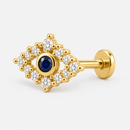 CHOICE Azzella lacivert nazar 925 ayar gümüş, 14 ayar altın kaplama tragus piercing düz disk arkasını gösteren yan görünümü