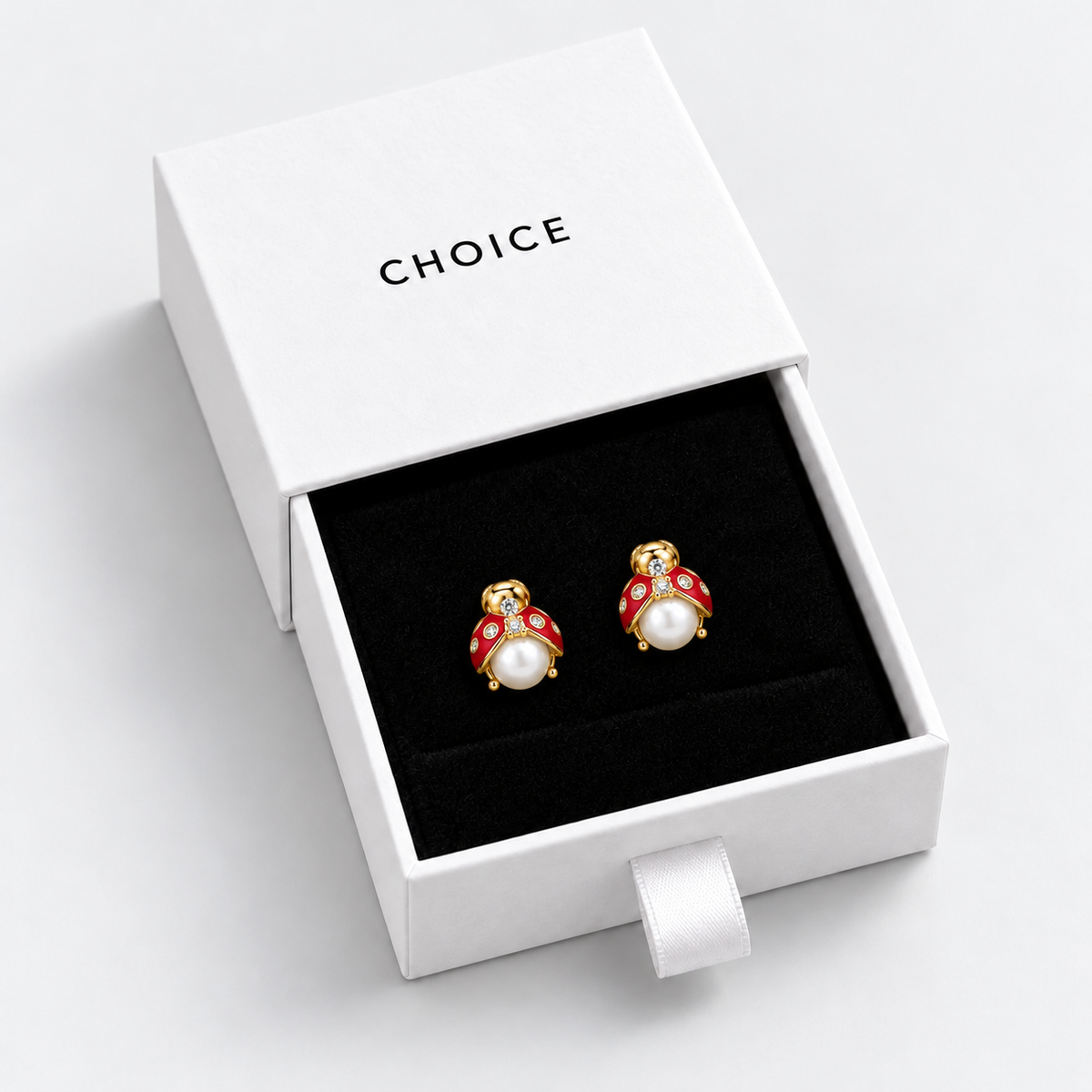 Coccina 925 Ayar Gümüş Kırmızı Uğur Böceği Zirkon Küpe – Gold — beyaz CHOICE çekmeceli hediye kutusunda