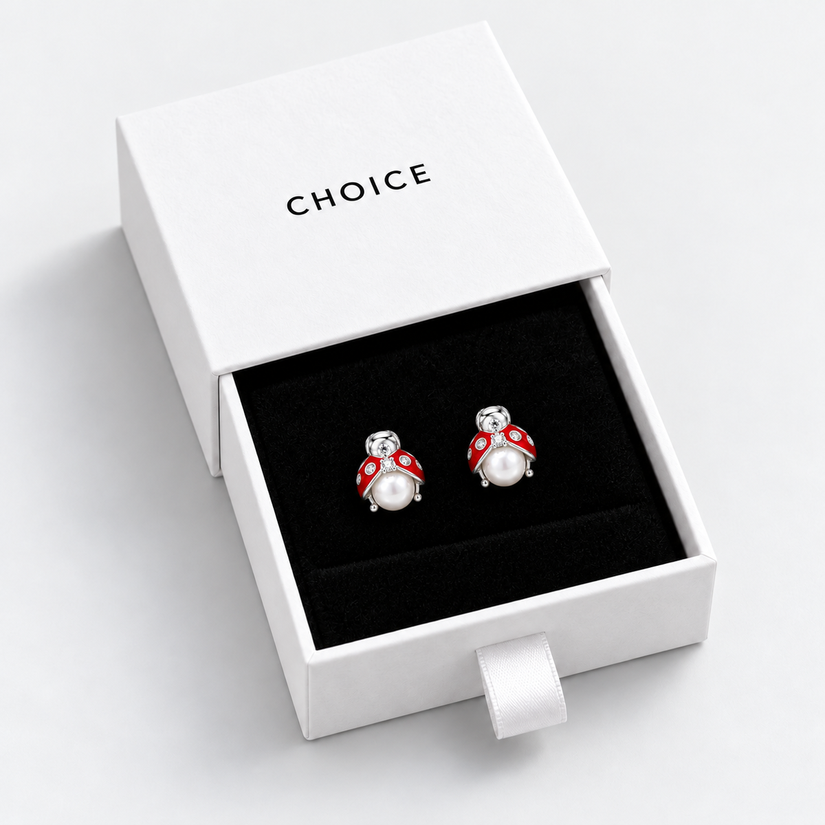 Coccina 925 Ayar Gümüş Kırmızı Uğur Böceği Zirkon Küpe – Gümüş — beyaz CHOICE çekmeceli hediye kutusunda