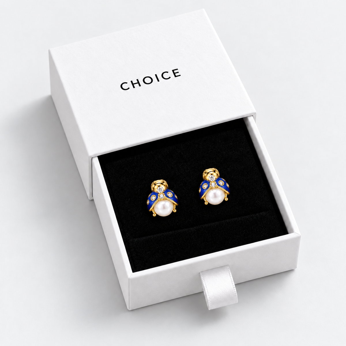 Coccina 925 Ayar Gümüş Mavi Uğur Böceği Zirkon Küpe – Gold — beyaz CHOICE çekmeceli hediye kutusunda