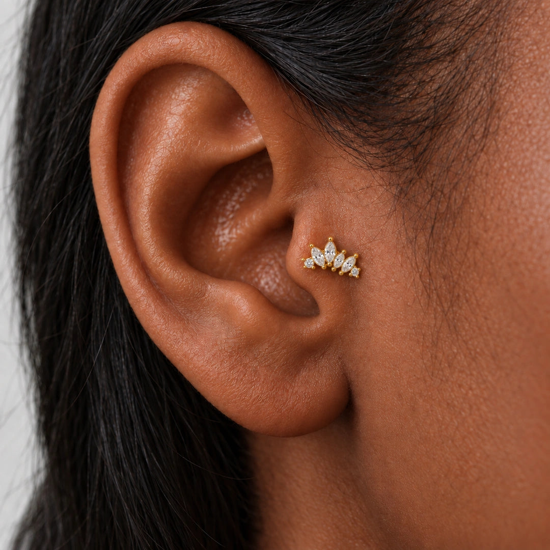 CHOICE Frondina yaprak demeti 925 ayar gümüş, 14 ayar altın kaplama tragus piercing tragus bölgesinde kulakta kullanım görünümü
