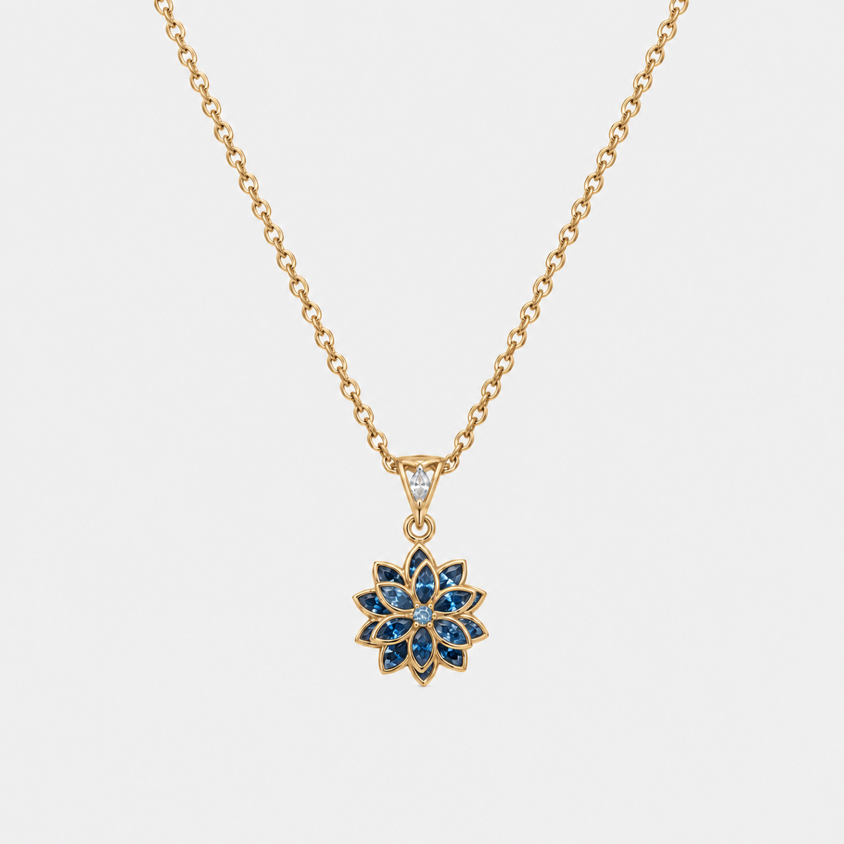 Luce Lotus aquamarin mavi taşlı gold kaplama 925 ayar gümüş kolye