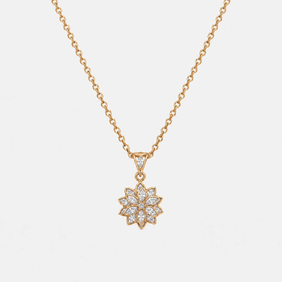 Luce Lotus kristal beyaz taşlı gold kaplama 925 ayar gümüş kolye