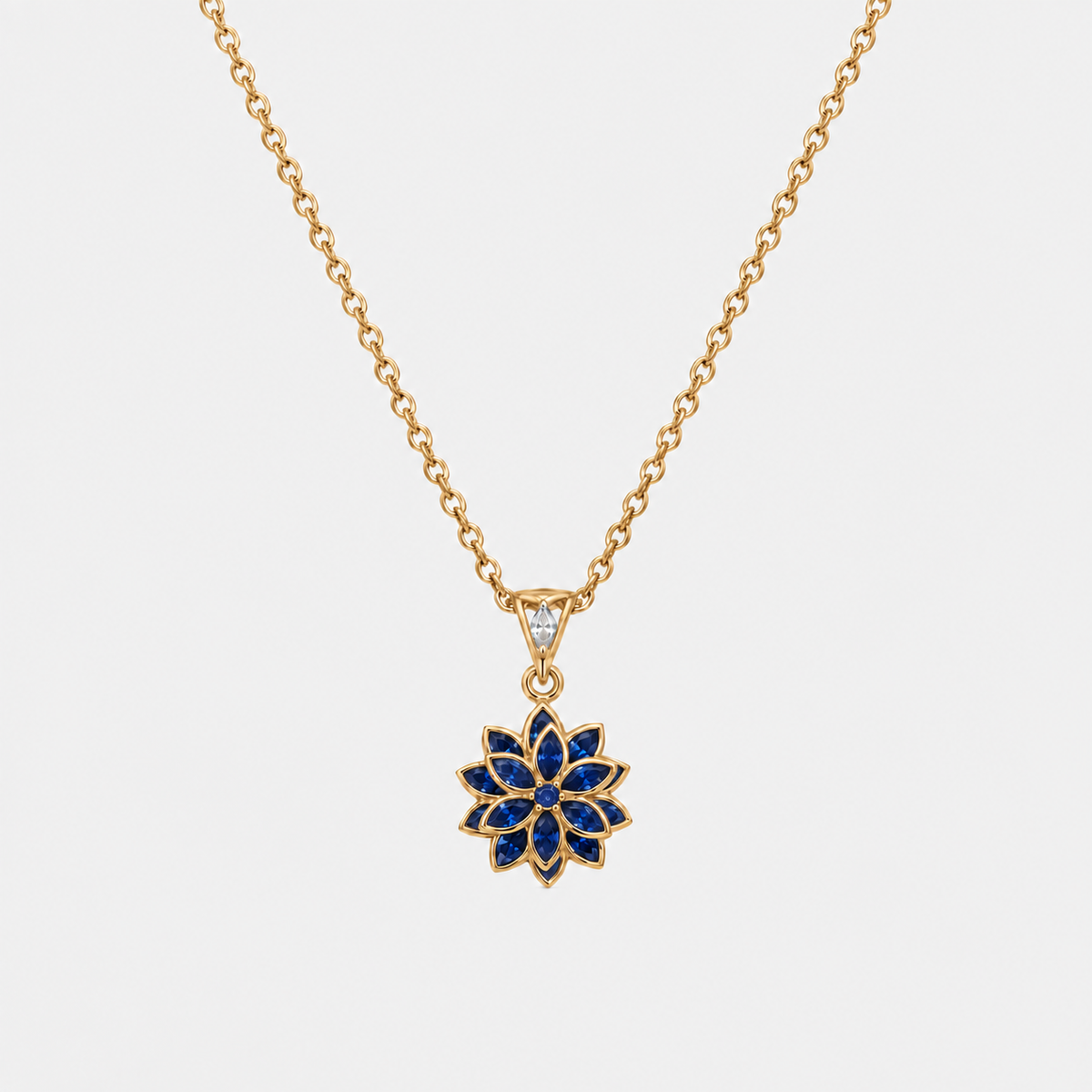 Luce Lotus safir mavisi taşlı gold kaplama 925 ayar gümüş kolye
