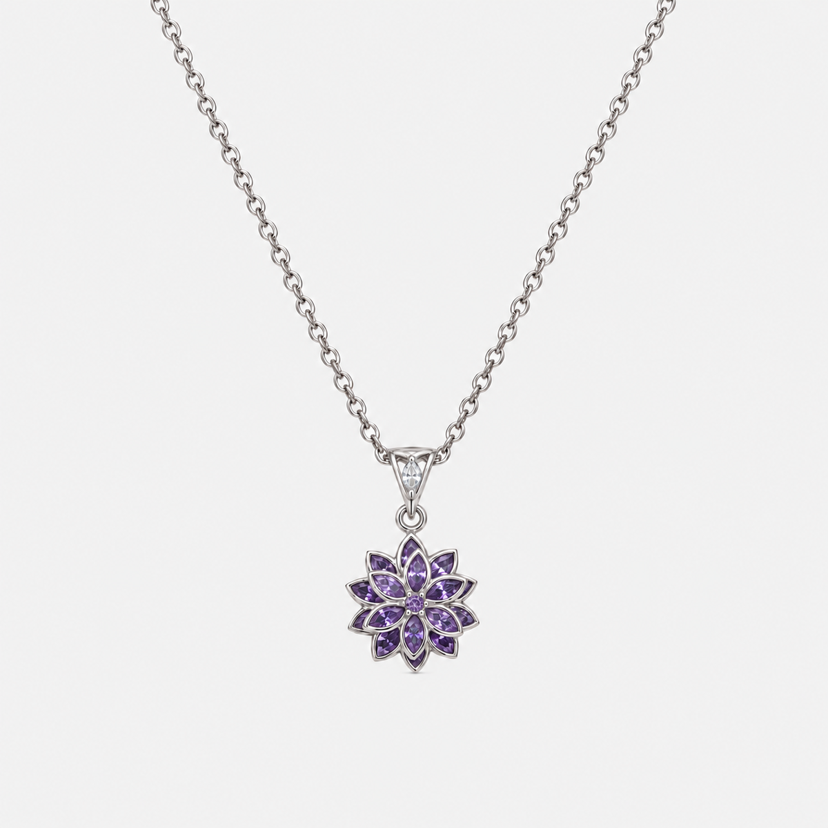 Luce Lotus ametist moru taşlı rodyum kaplama 925 ayar gümüş kolye