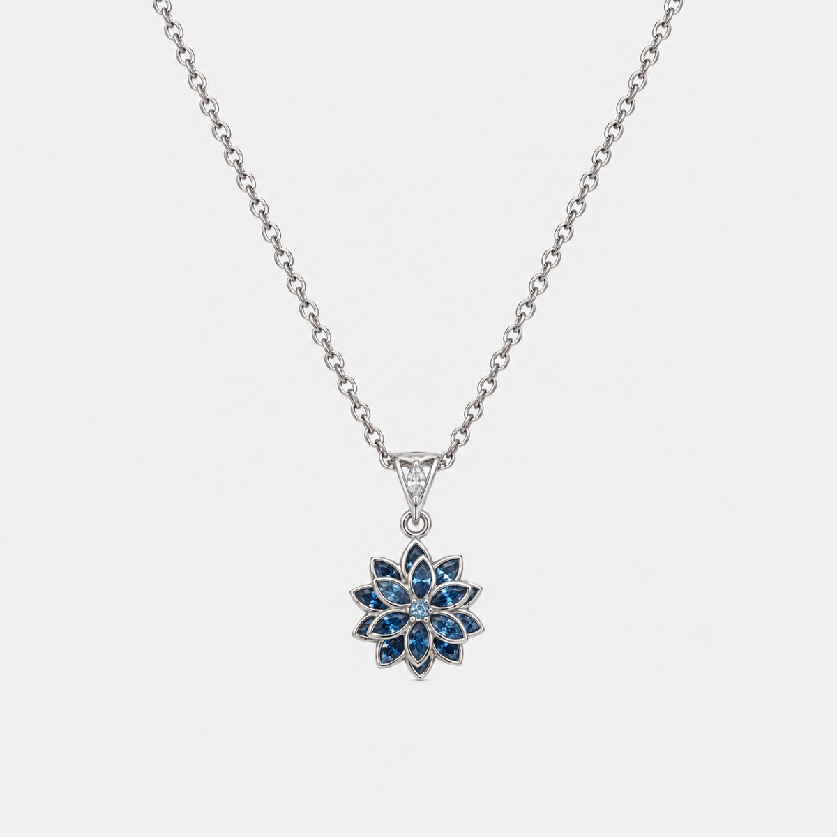 Luce Lotus aquamarin mavi rodyum kaplama 925 ayar gümüş kolye