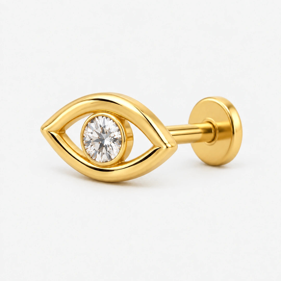 CHOICE Ocella minimal göz 925 ayar gümüş, 14 ayar altın kaplama tragus piercing düz disk arkasını gösteren yan görünümü