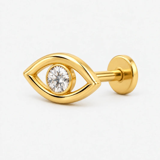 CHOICE Ocella minimal göz 925 ayar gümüş, 14 ayar altın kaplama tragus piercing düz disk arkasını gösteren yan görünümü