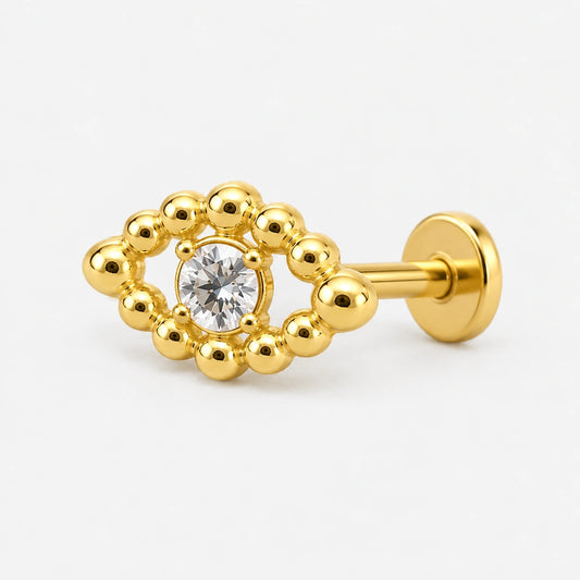 CHOICE Perlina boncuklu göz 925 ayar gümüş, 14 ayar altın kaplama tragus piercing düz disk arkasını gösteren yan görünümü