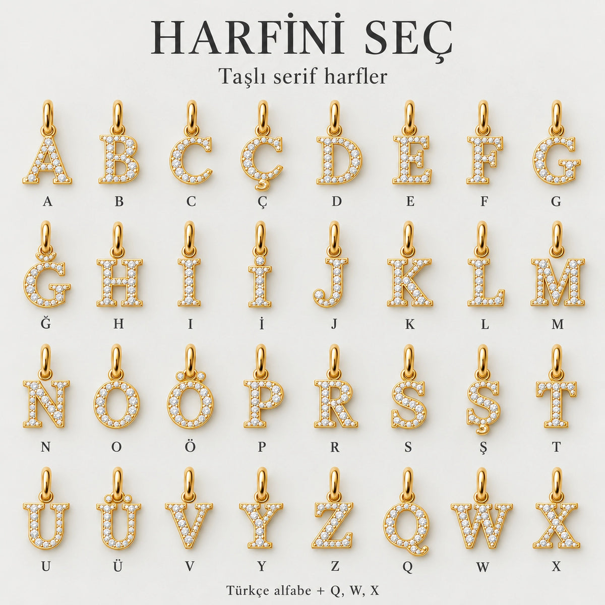 Petalia taşlı serif harf kataloğu; Türkçe alfabe ile Q W X