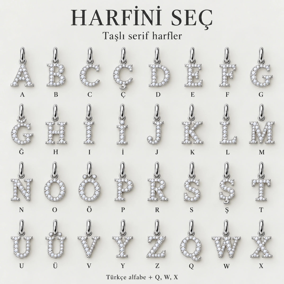 Petalia Rhodium taşlı serif harf rehberi, Türkçe alfabe ve Q W X