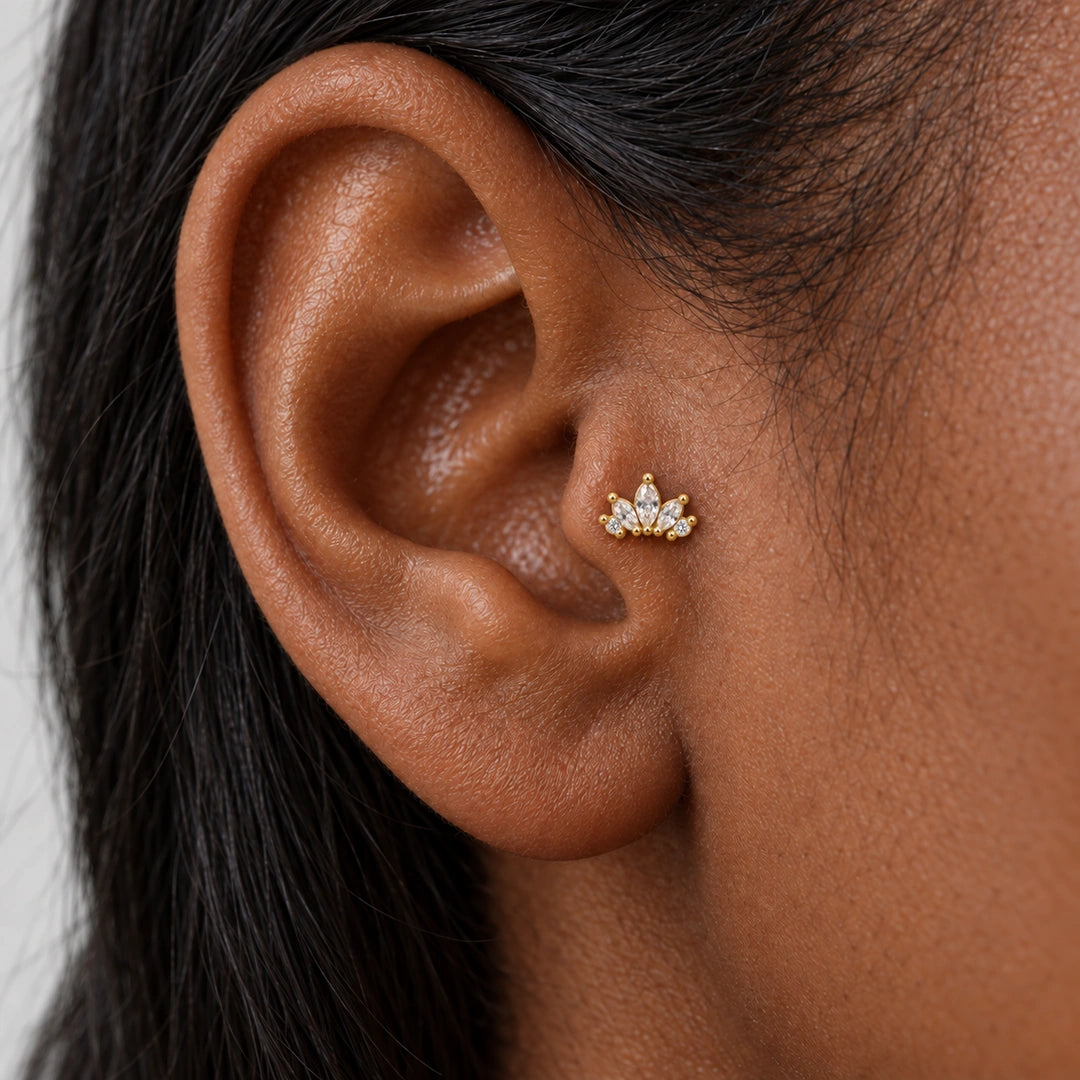 CHOICE Triella taşlı yaprak 925 ayar gümüş, 14 ayar altın kaplama tragus piercing tragus bölgesinde kulakta kullanım görünümü