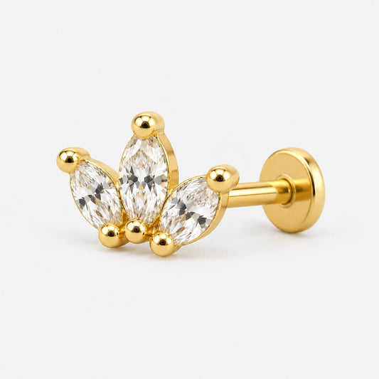CHOICE Trifolia üç yaprak 925 ayar gümüş, 14 ayar altın kaplama tragus piercing düz disk arkasını gösteren yan görünümü