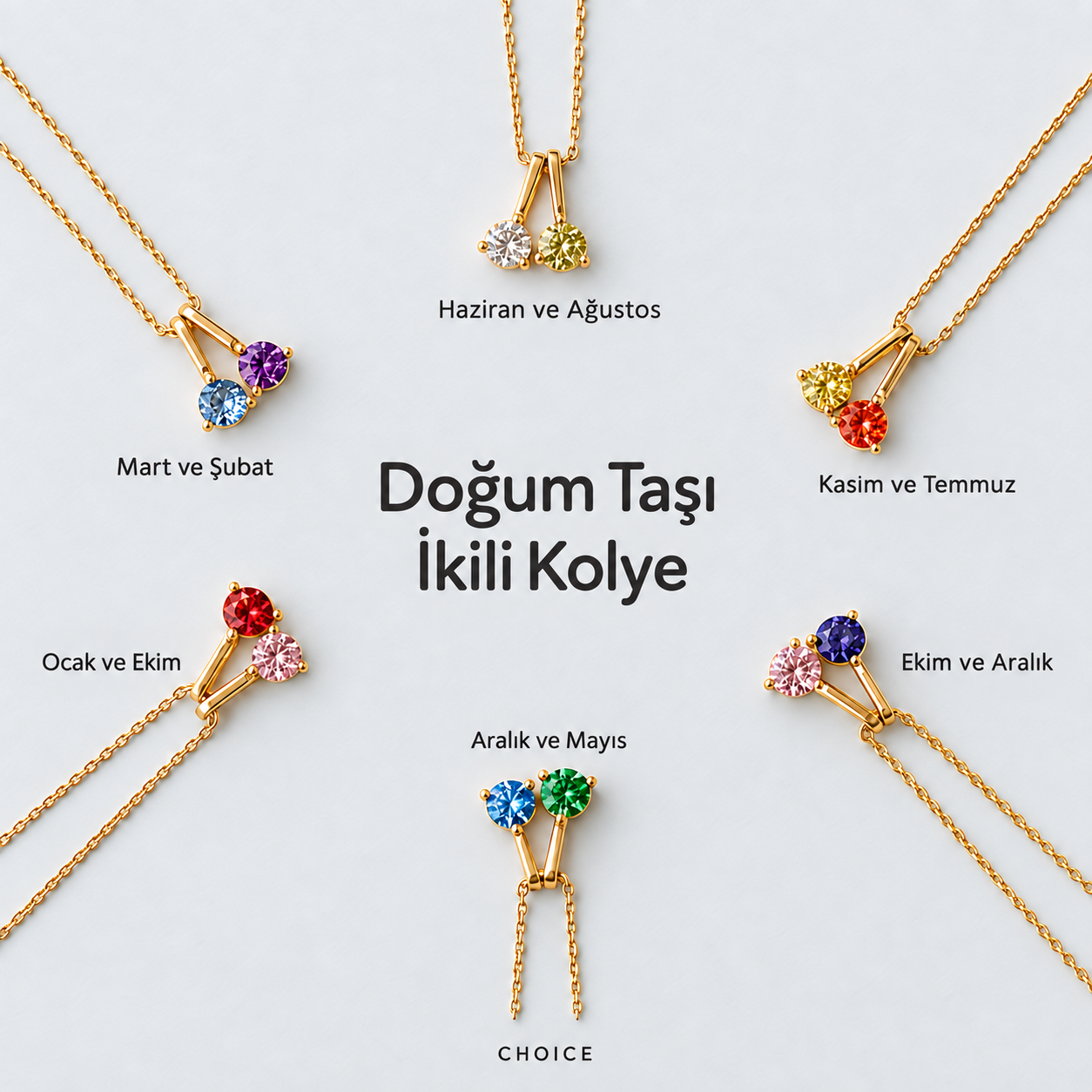 Choice 925 ayar gümüş doğum taşı ikili kolye, kişiye özel iki renkli taş seçeneği