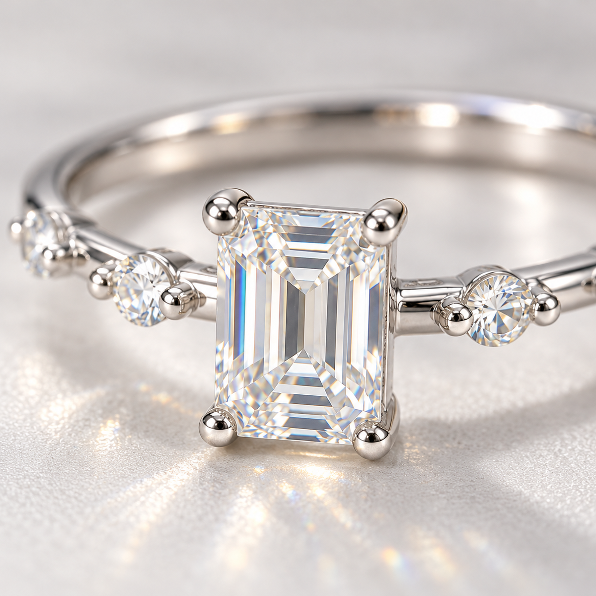 Éclaire emerald kesim moissanite yüzük yakın detay