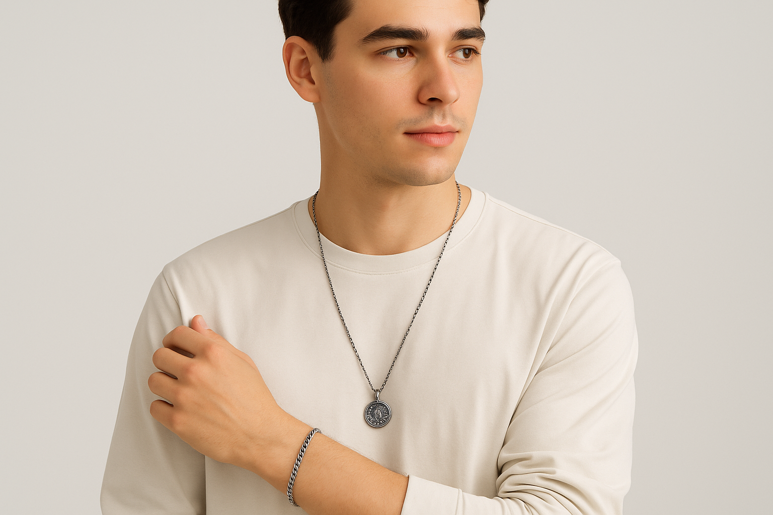 Fresh açık renk giyimli bir erkek model arka fon açık gri. Boynunda gümüş oksit madalyon kolye, zincir uzunluğu 65 cm ve bileğinde gurmet 0.7 mm bileklik 