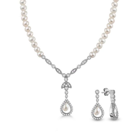 Doğal İnci Gerdanlık Set Gümüş Tasarım Küpeli