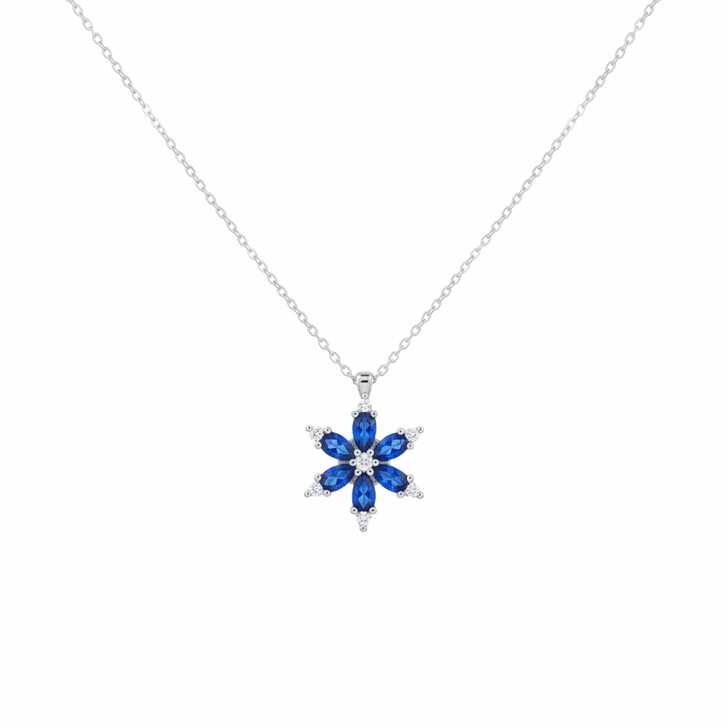 Safir Taşlı Gümüş Lotus Çiçeği Kolye