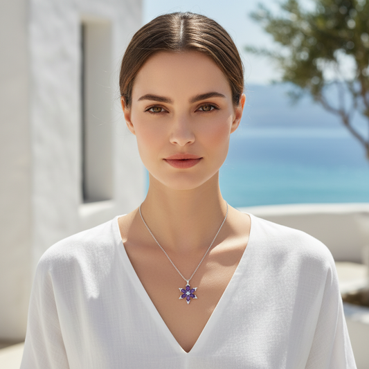 Ametist Taşlı Gümüş Lotus Çiçeği Kolye