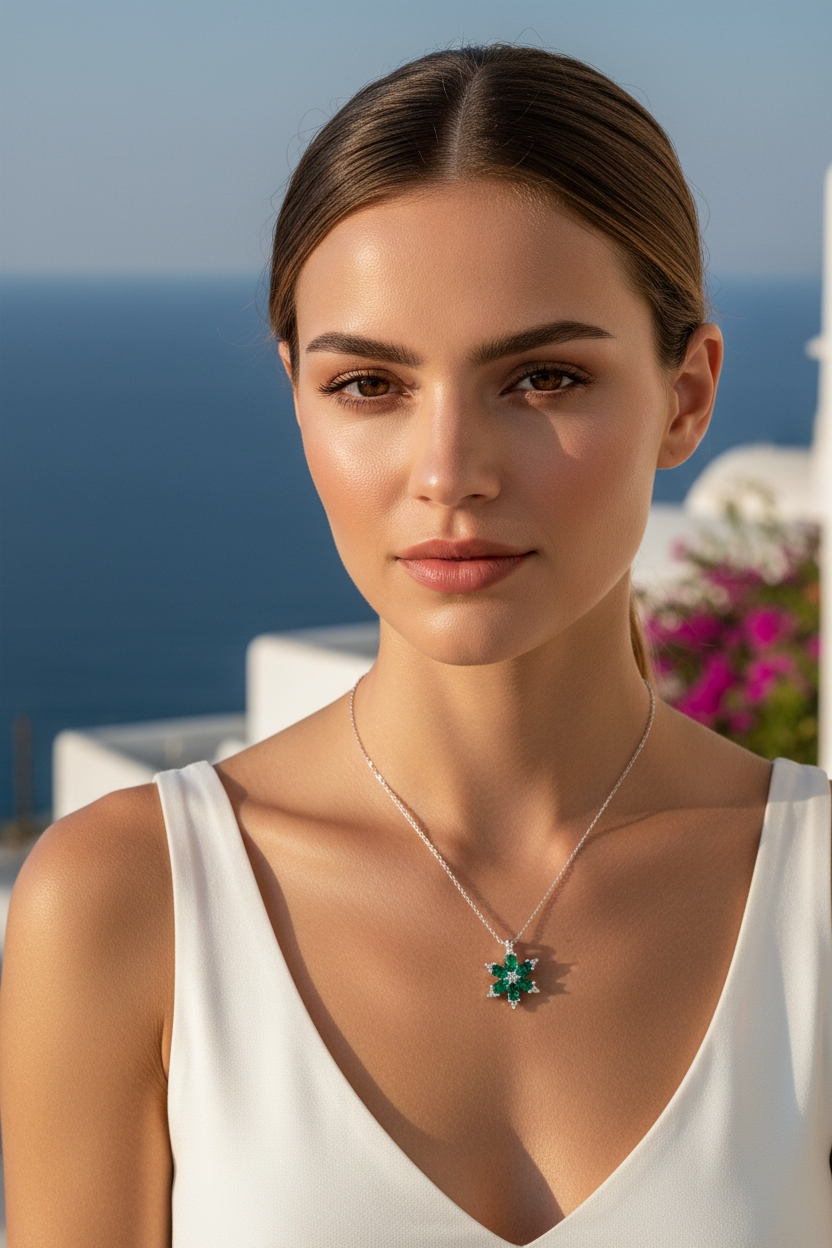 Zümrüt Taşlı Gümüş Lotus Çiçeği Kolye