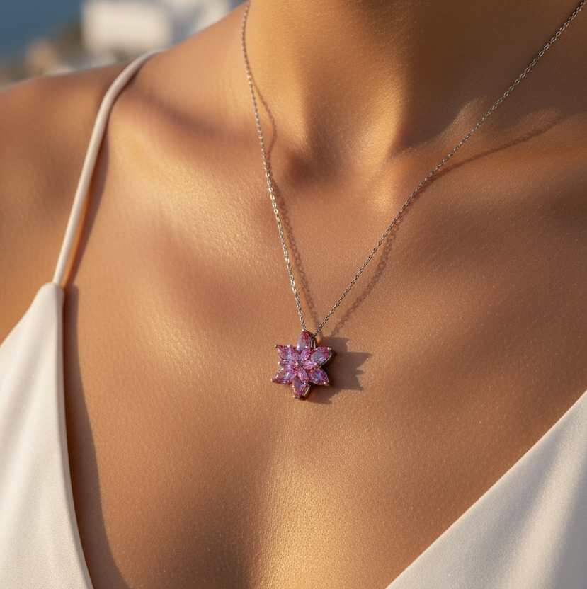 Choice Gümüş Pembe Lotus  Çiçeği Kolye