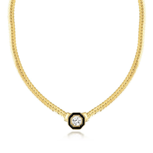 Yassı Zincir Gümüş Kolye Tek Taş Detaylı Gold