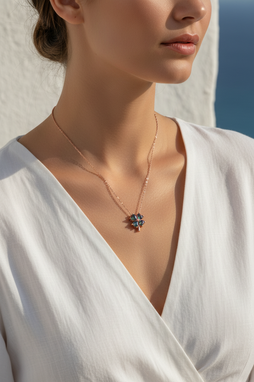 Gümüş Mistik Topaz Taşlı  Yonca Kolye