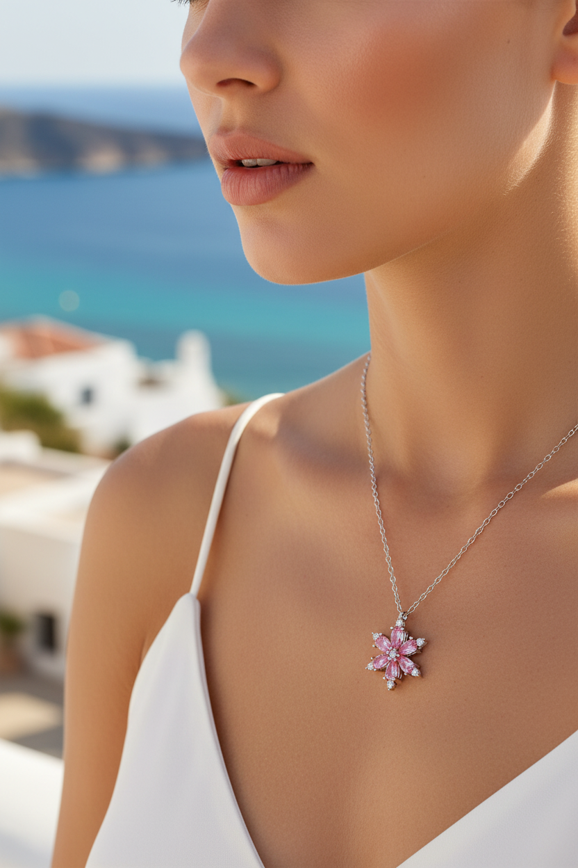 Choice Pembe Fancy Taşlı Gümüş Lotus Çiçeği Kolye